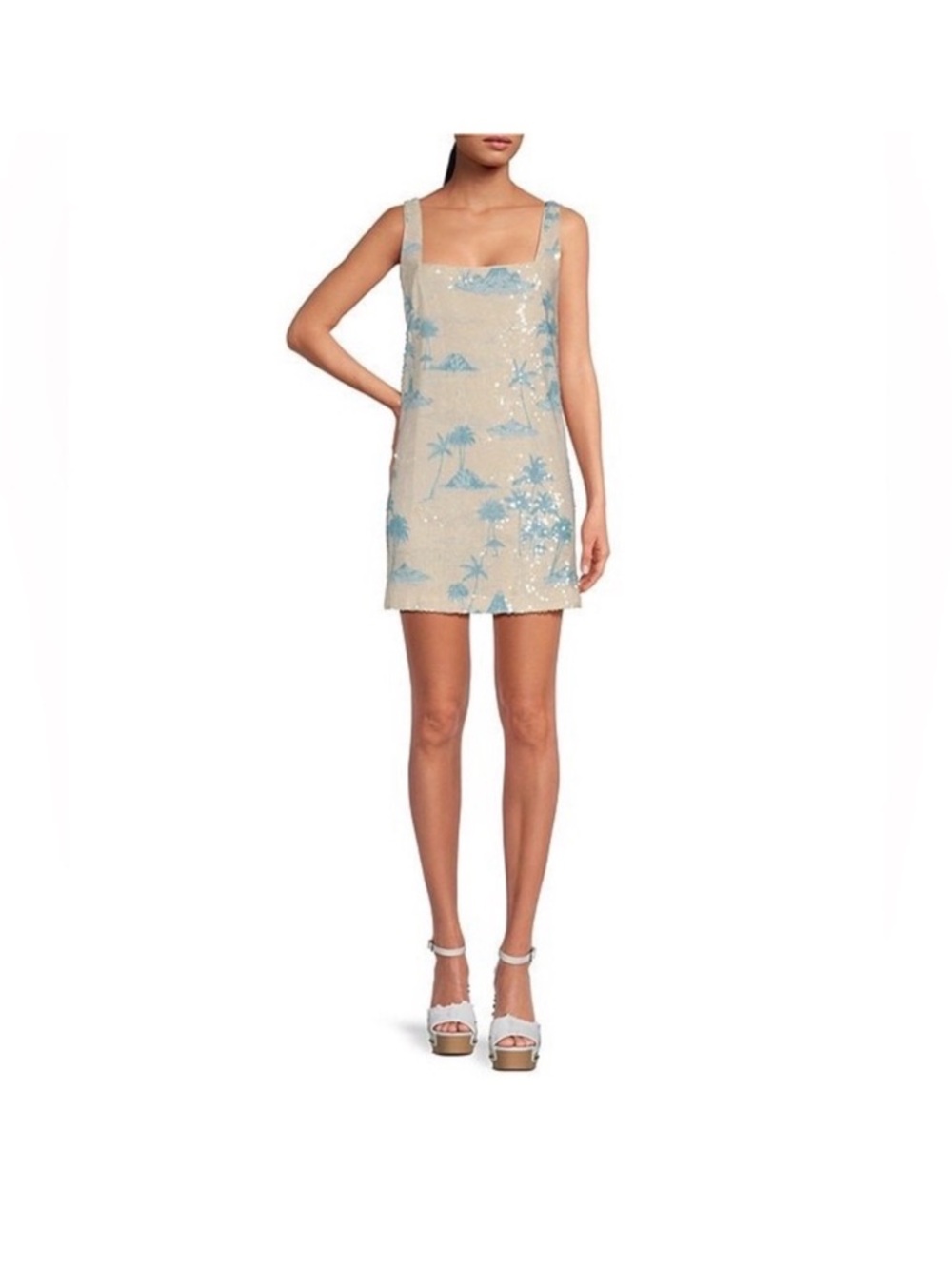Gianni Bini White Mini Dress with Blue Sequin Palm Trees
